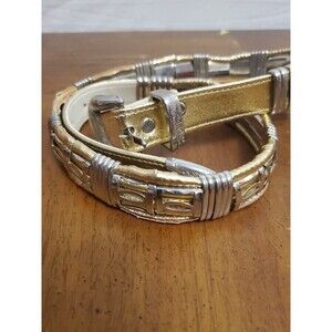 R.O.C. Silver Gold Leather Belt‎ 1990s Vintage M/L Made In Taiwan